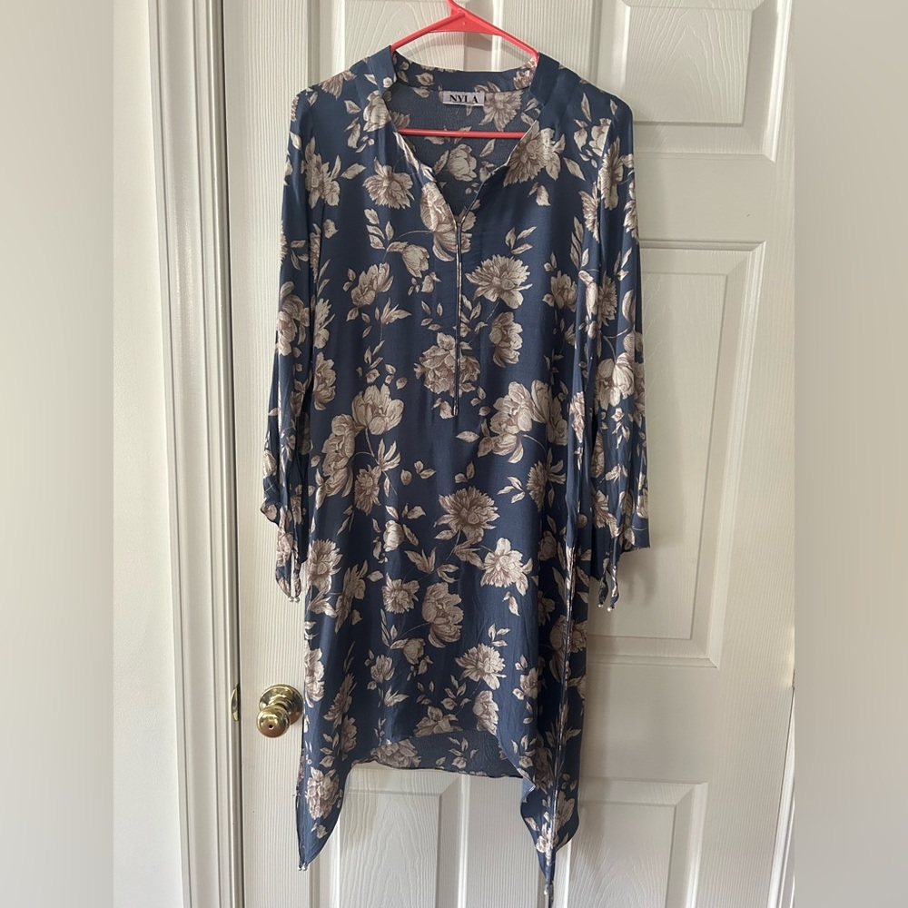 NEW GORGEOUS CREPE SILK FLORAL BLUE GRAY SHIRT PANT SALWAR KAMEEZ SUIT SIZE S/M